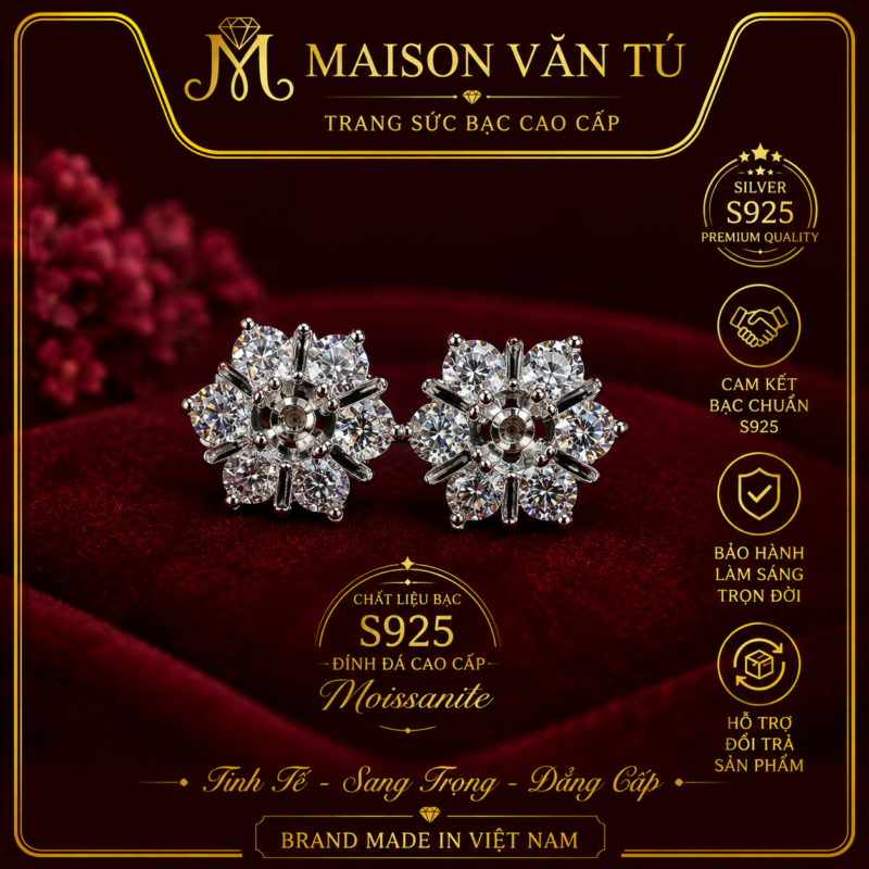 8837 Vỏ bông tai bạc đính full kim cương nhân tạo